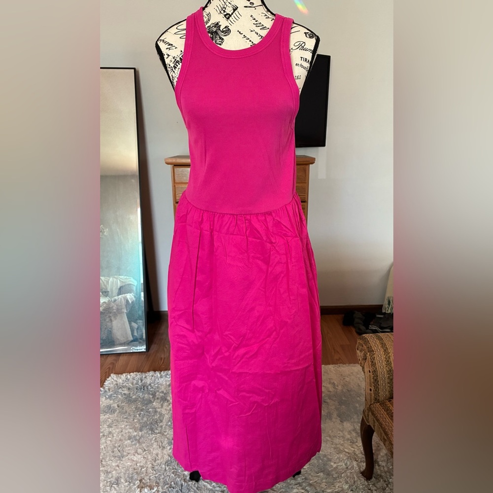 Sleeveless ribbed top drop waist maxi tank dress in Raspberry Pink.